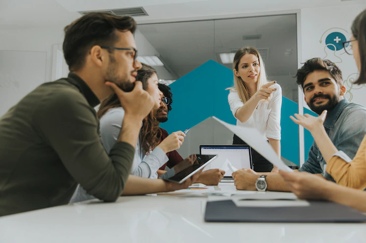 pretty female team leader talking