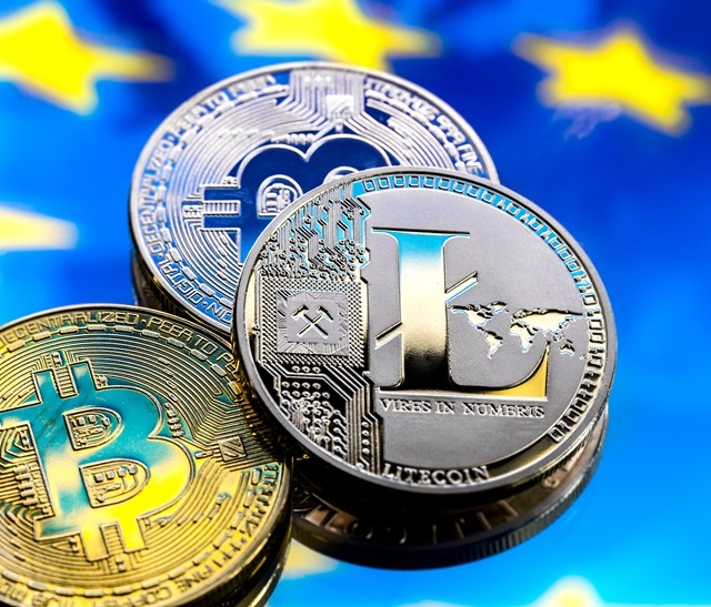 coins Bitcoin and litecoin, against the background of Europe and the European flag, the concept of virtual money, close up.